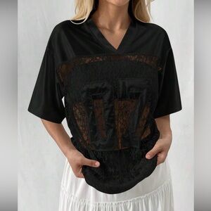 Black Lace Panel V-Neck Graphic Top